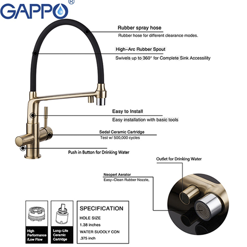 Смеситель для кухни с подключением фильтра питьевой воды Gappo G4398-8 Бронза